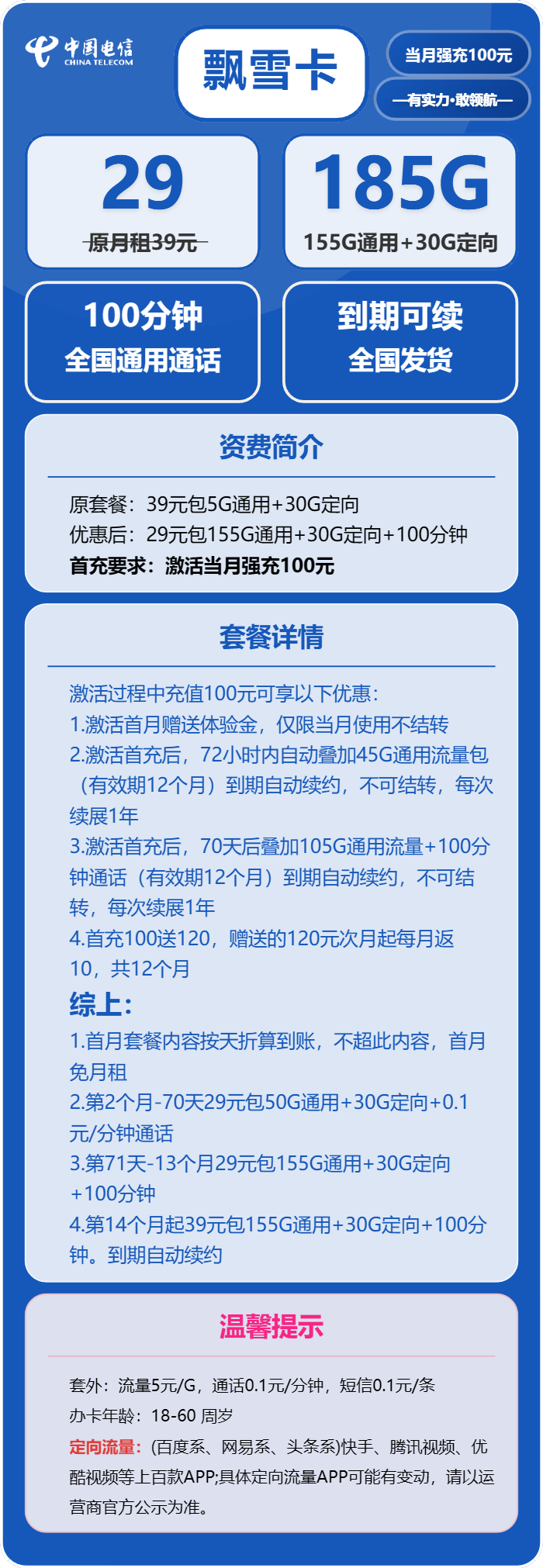 电信飘雪卡29元/月：185G流量+100分钟通话（长期套餐，部分流量70天后叠加）