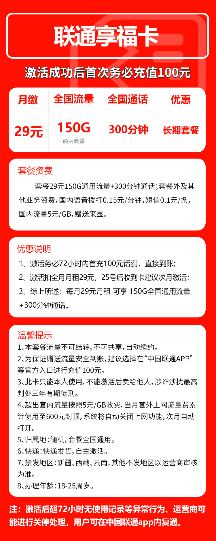 联通享福卡②29元/月：150G流量+300分钟通话（长期套餐，仅发重庆市内）