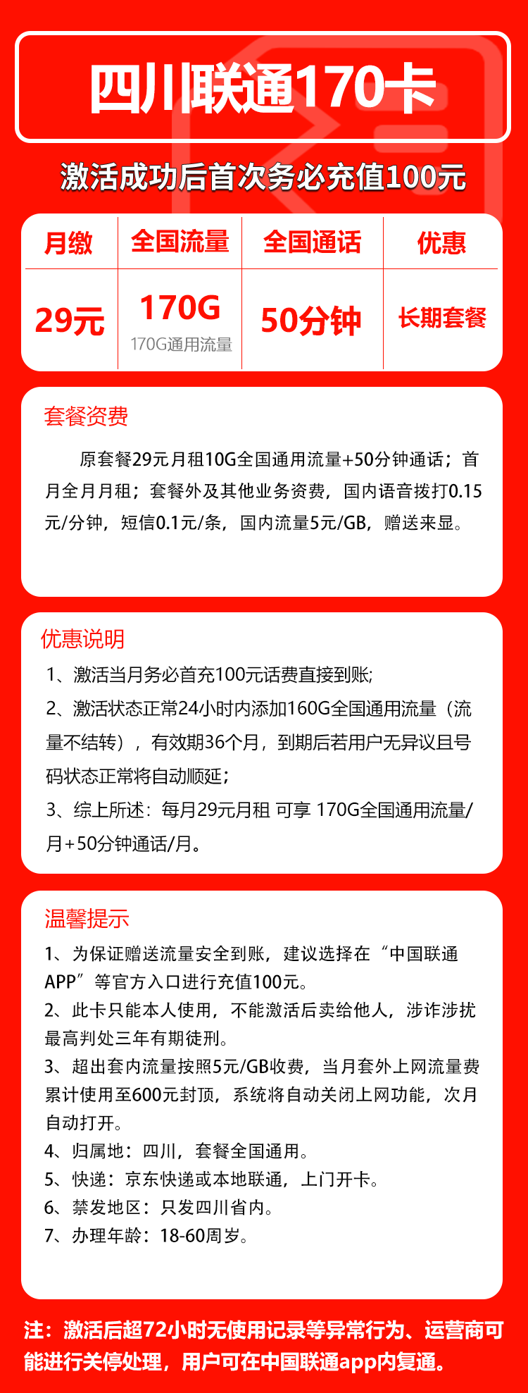 联通四川省内170卡29元/月：170G流量+50分钟通话（长期套餐，仅发四川省内）