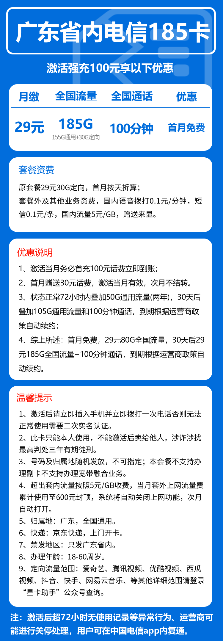 电信广东省内185卡②29元/月：185G流量+通话0.1元/分钟（长期套餐，部分流量30天后叠加，仅发广东省内）