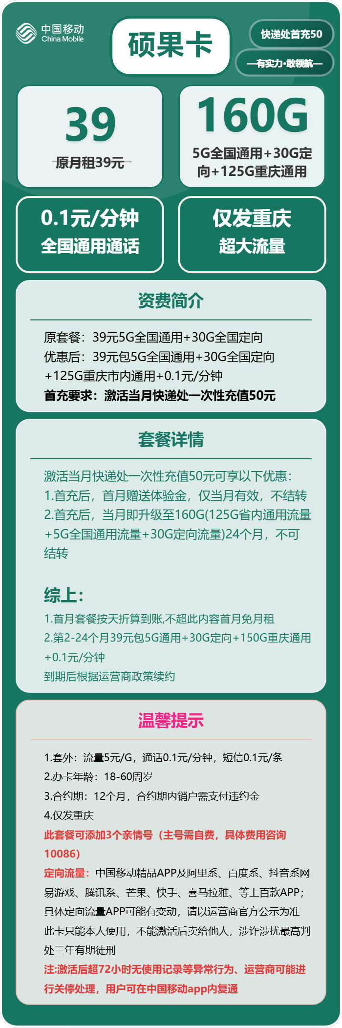 移动硕果卡39元/月：160G流量+通话0.1元/分钟（长期套餐，仅发重庆市内，可选号）