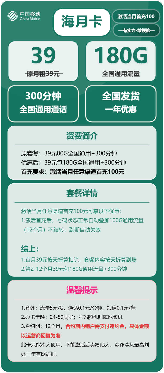 移动海月卡39元/月：180G流量+300分钟通话