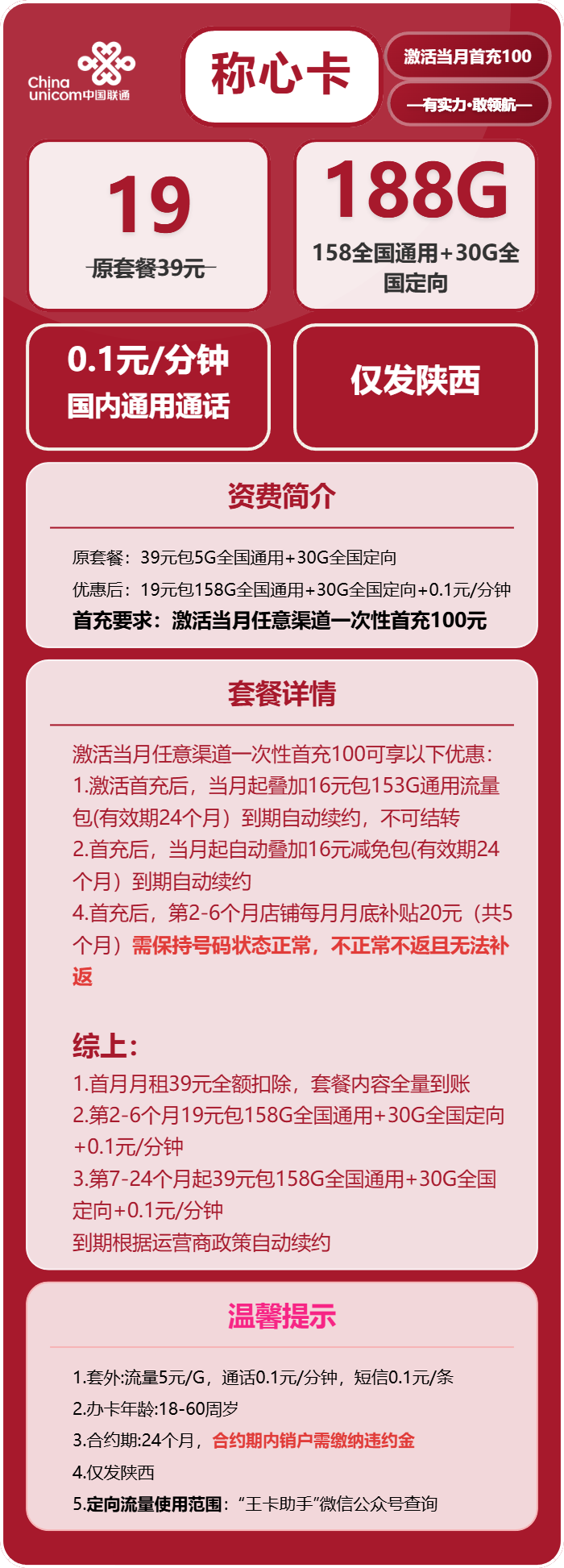 联通称心卡19元/月：188G流量+通话0.1元/分钟（第7个月起39元月租，长期套餐，仅发陕西省内）