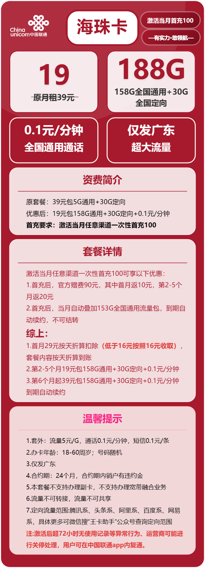 联通海珠卡19元/月：188G流量+通话0.1元/分钟（第6个月起39元月租，长期套餐，仅发广东省内，可选号）