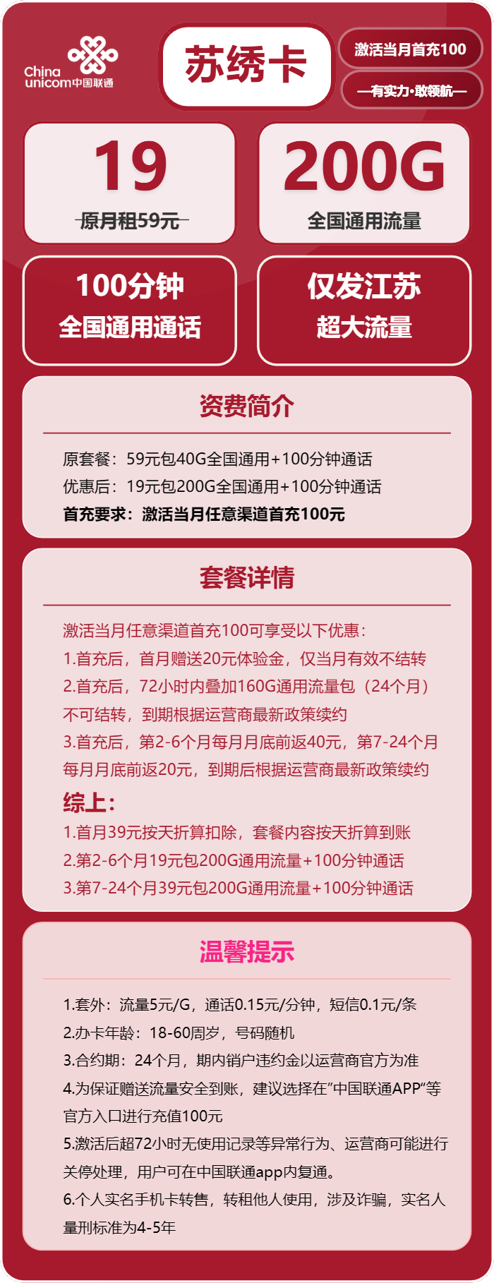 联通苏绣卡19元/月：200G流量+100分钟通话（第7个月起39元月租，长期套餐，仅发江苏省内）