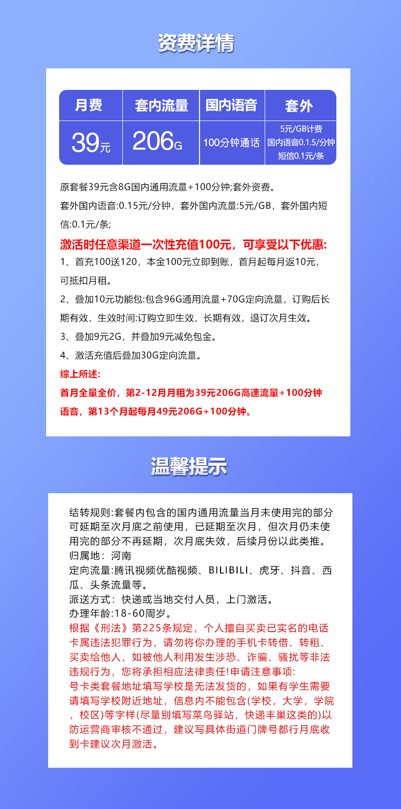 联通河南省内卡39元/月：206G流量+100分钟通话（第13个月起49元月租，长期套餐，仅发河南省内）