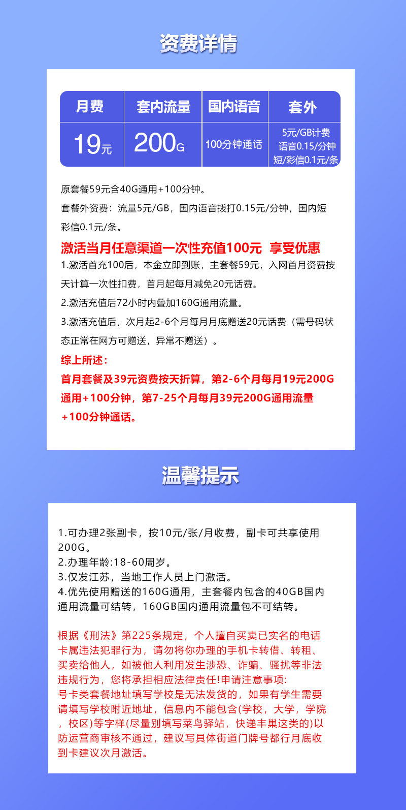 联通江苏省内卡19元/月：200G流量+100分钟通话（第7个月起39元月租，仅发江苏省内）