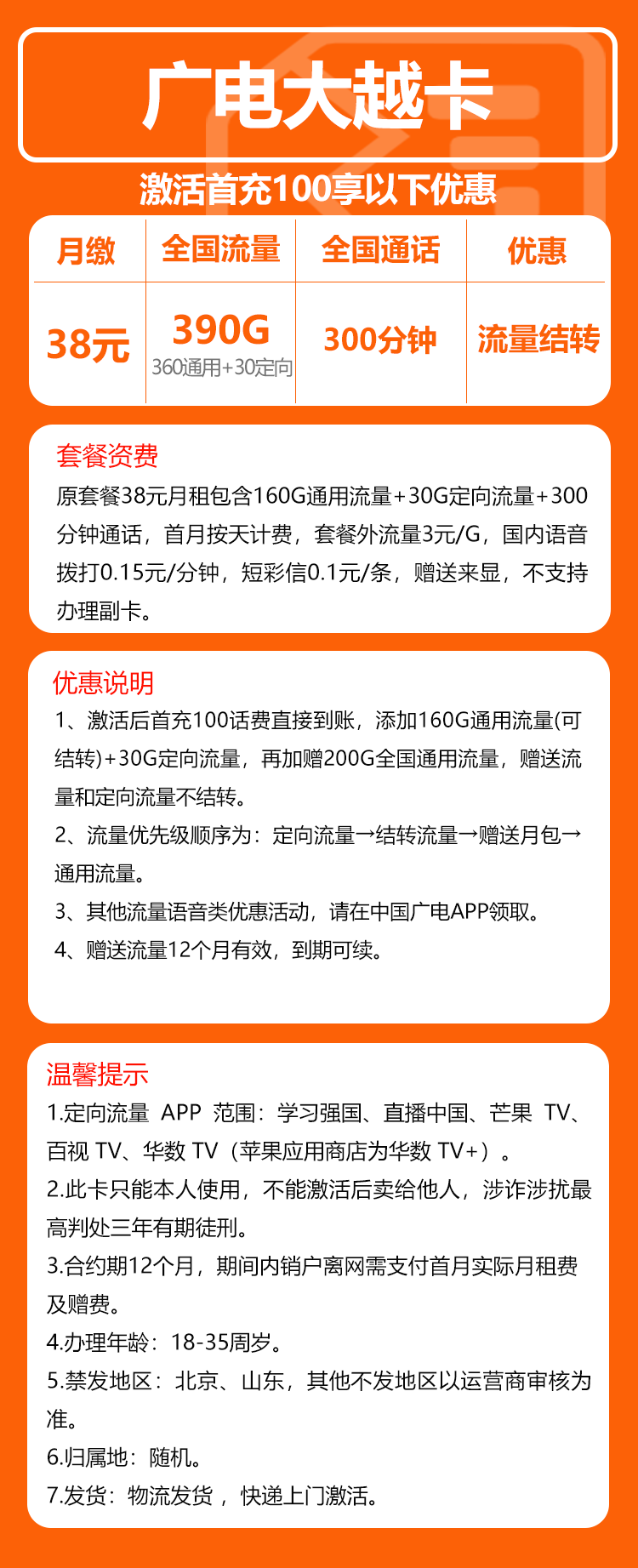 广电大越卡⑥38元/月：390G流量+300分钟通话（长期套餐）